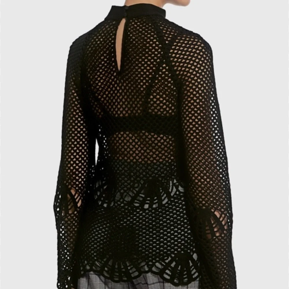 SELF-PORTRAIT Sheer Crochet Lace High Neck Black Sweater Top